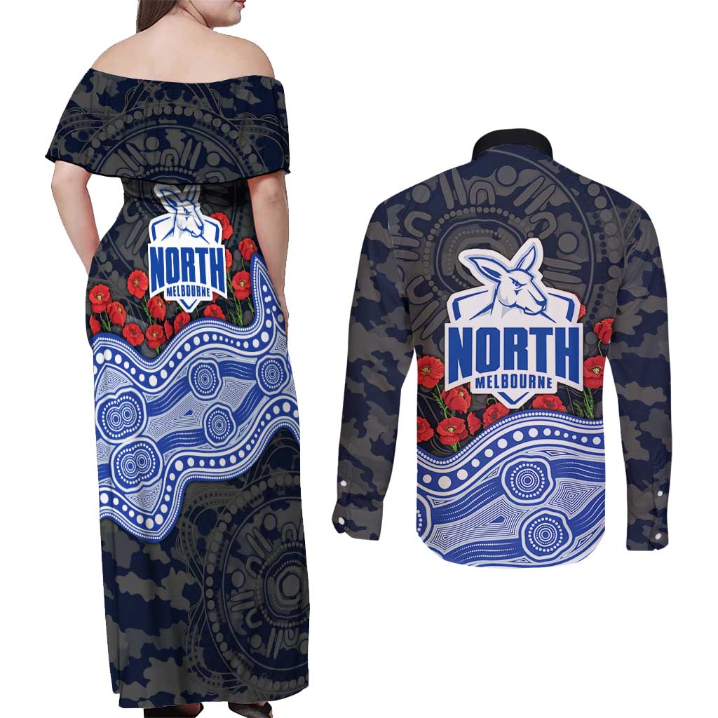 North Melbourne Kangaroos ANZAC Day Couples Matching Off Shoulder Maxi Dress and Long Sleeve Button Shirt Indigenous Dot Art with Poppy Flower Tribute