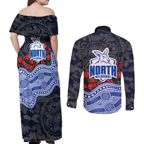 North Melbourne Kangaroos ANZAC Day Couples Matching Off Shoulder Maxi Dress and Long Sleeve Button Shirt Indigenous Dot Art with Poppy Flower Tribute