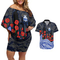 North Melbourne Kangaroos ANZAC Day Couples Matching Off Shoulder Short Dress and Hawaiian Shirt Indigenous Dot Art with Poppy Flower Tribute