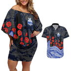 North Melbourne Kangaroos ANZAC Day Couples Matching Off Shoulder Short Dress and Hawaiian Shirt Indigenous Dot Art with Poppy Flower Tribute