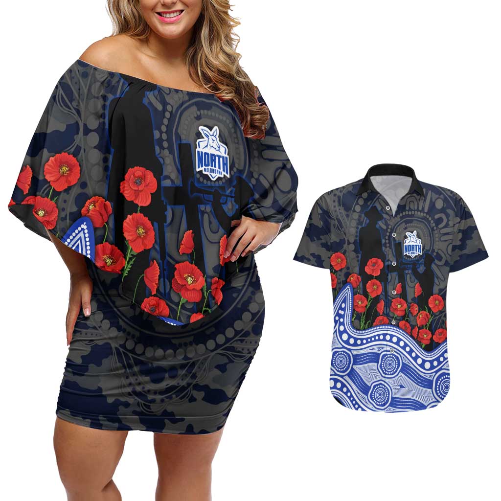 North Melbourne Kangaroos ANZAC Day Couples Matching Off Shoulder Short Dress and Hawaiian Shirt Indigenous Dot Art with Poppy Flower Tribute