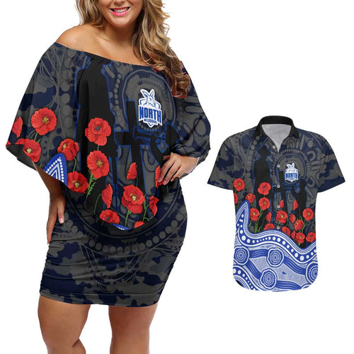 North Melbourne Kangaroos ANZAC Day Couples Matching Off Shoulder Short Dress and Hawaiian Shirt Indigenous Dot Art with Poppy Flower Tribute