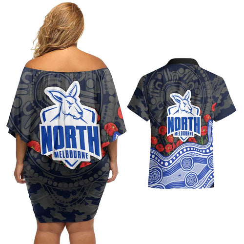 North Melbourne Kangaroos ANZAC Day Couples Matching Off Shoulder Short Dress and Hawaiian Shirt Indigenous Dot Art with Poppy Flower Tribute