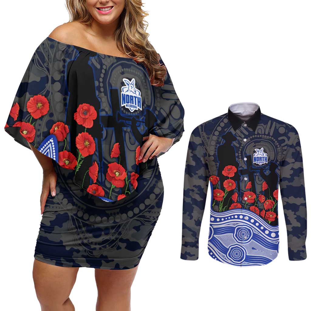 North Melbourne Kangaroos ANZAC Day Couples Matching Off Shoulder Short Dress and Long Sleeve Button Shirt Indigenous Dot Art with Poppy Flower Tribute