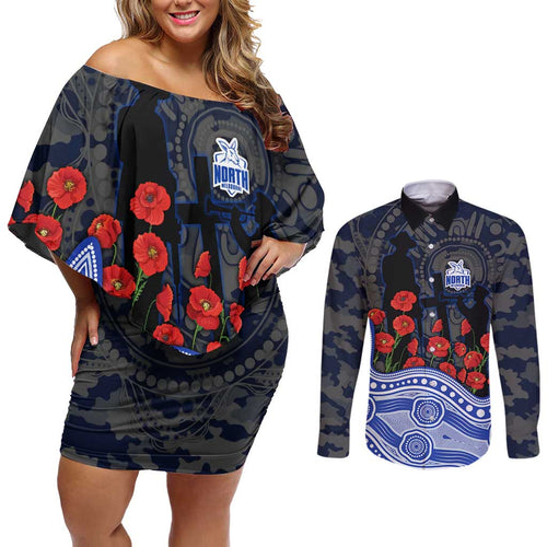 North Melbourne Kangaroos ANZAC Day Couples Matching Off Shoulder Short Dress and Long Sleeve Button Shirt Indigenous Dot Art with Poppy Flower Tribute