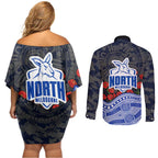 North Melbourne Kangaroos ANZAC Day Couples Matching Off Shoulder Short Dress and Long Sleeve Button Shirt Indigenous Dot Art with Poppy Flower Tribute