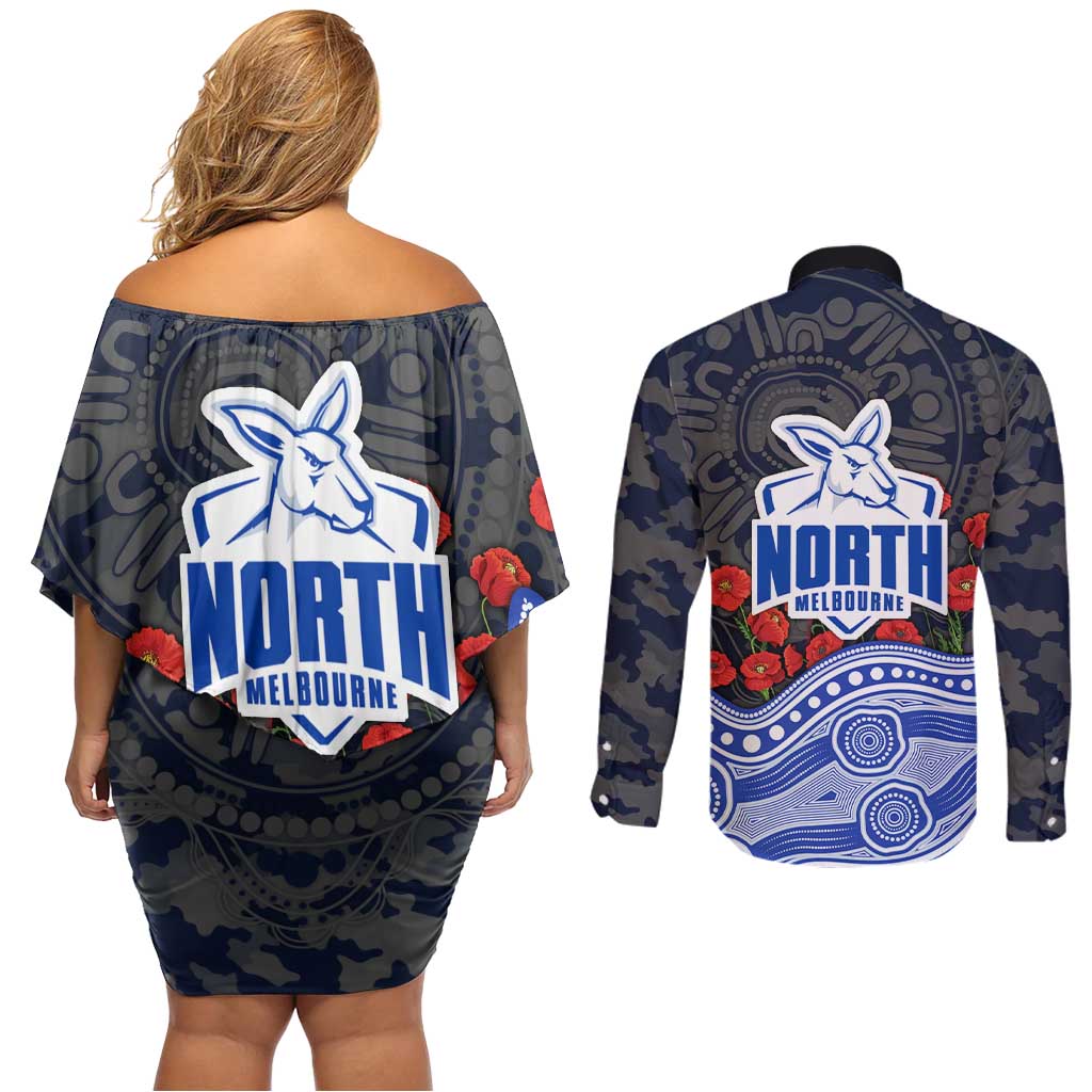 North Melbourne Kangaroos ANZAC Day Couples Matching Off Shoulder Short Dress and Long Sleeve Button Shirt Indigenous Dot Art with Poppy Flower Tribute