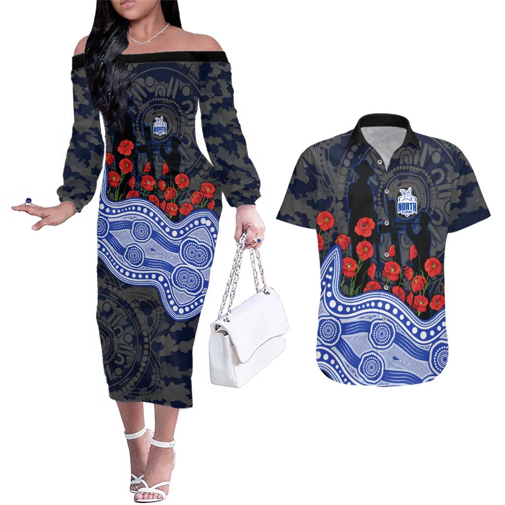 North Melbourne Kangaroos ANZAC Day Couples Matching Off The Shoulder Long Sleeve Dress and Hawaiian Shirt Indigenous Dot Art with Poppy Flower Tribute