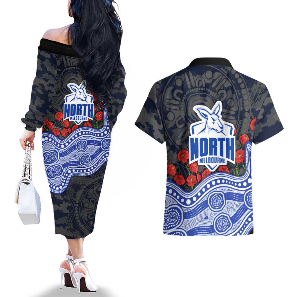 North Melbourne Kangaroos ANZAC Day Couples Matching Off The Shoulder Long Sleeve Dress and Hawaiian Shirt Indigenous Dot Art with Poppy Flower Tribute