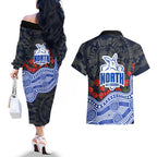 North Melbourne Kangaroos ANZAC Day Couples Matching Off The Shoulder Long Sleeve Dress and Hawaiian Shirt Indigenous Dot Art with Poppy Flower Tribute