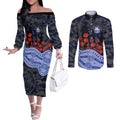 North Melbourne Kangaroos ANZAC Day Couples Matching Off The Shoulder Long Sleeve Dress and Long Sleeve Button Shirt Indigenous Dot Art with Poppy Flower Tribute