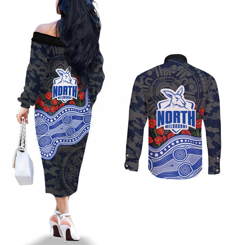 North Melbourne Kangaroos ANZAC Day Couples Matching Off The Shoulder Long Sleeve Dress and Long Sleeve Button Shirt Indigenous Dot Art with Poppy Flower Tribute