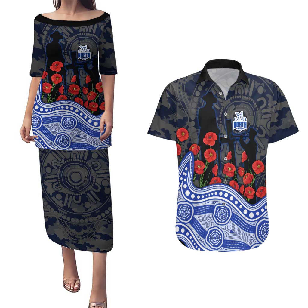 North Melbourne Kangaroos ANZAC Day Couples Matching Puletasi and Hawaiian Shirt Indigenous Dot Art with Poppy Flower Tribute