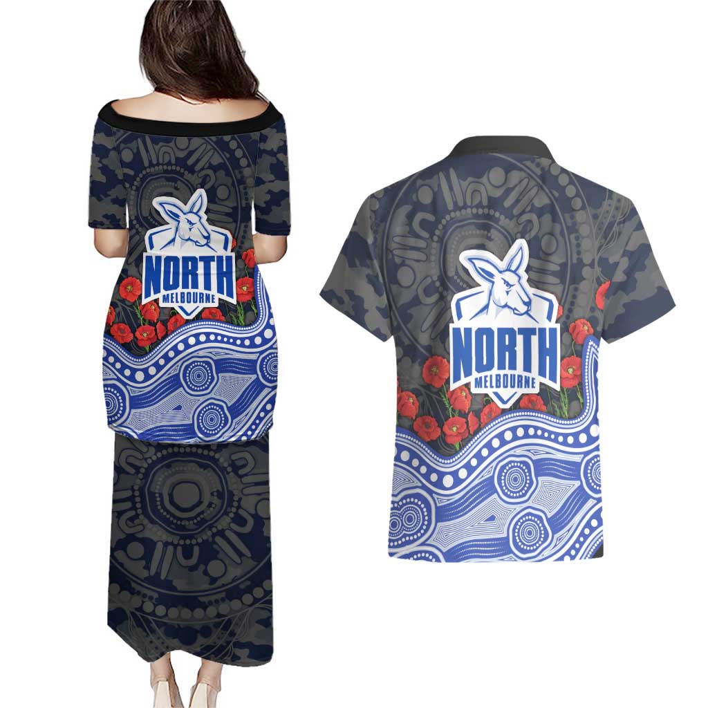 North Melbourne Kangaroos ANZAC Day Couples Matching Puletasi and Hawaiian Shirt Indigenous Dot Art with Poppy Flower Tribute
