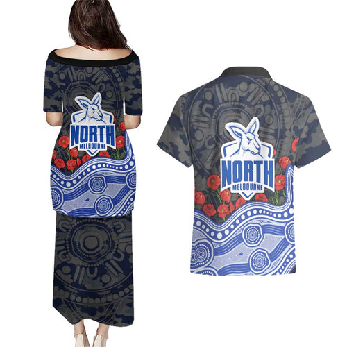 North Melbourne Kangaroos ANZAC Day Couples Matching Puletasi and Hawaiian Shirt Indigenous Dot Art with Poppy Flower Tribute