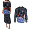 North Melbourne Kangaroos ANZAC Day Couples Matching Puletasi and Long Sleeve Button Shirt Indigenous Dot Art with Poppy Flower Tribute