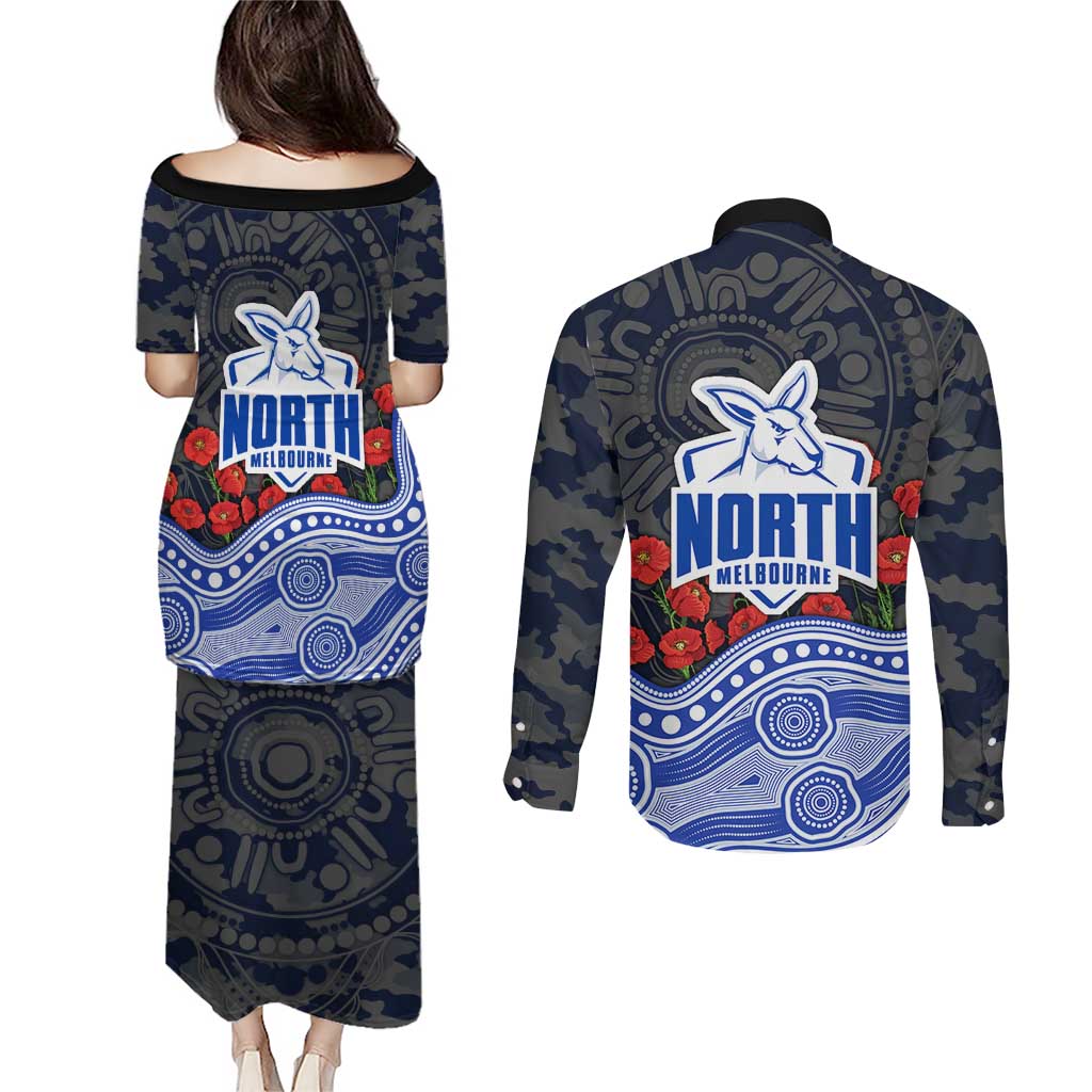 North Melbourne Kangaroos ANZAC Day Couples Matching Puletasi and Long Sleeve Button Shirt Indigenous Dot Art with Poppy Flower Tribute