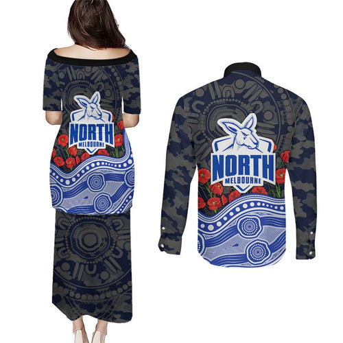 North Melbourne Kangaroos ANZAC Day Couples Matching Puletasi and Long Sleeve Button Shirt Indigenous Dot Art with Poppy Flower Tribute