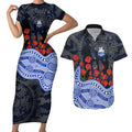 North Melbourne Kangaroos ANZAC Day Couples Matching Short Sleeve Bodycon Dress and Hawaiian Shirt Indigenous Dot Art with Poppy Flower Tribute