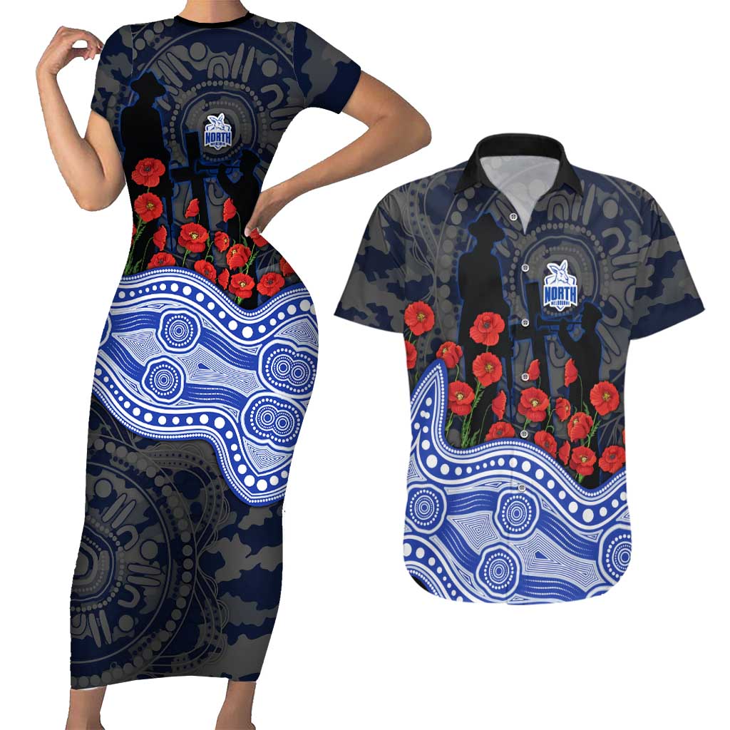 North Melbourne Kangaroos ANZAC Day Couples Matching Short Sleeve Bodycon Dress and Hawaiian Shirt Indigenous Dot Art with Poppy Flower Tribute