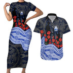 North Melbourne Kangaroos ANZAC Day Couples Matching Short Sleeve Bodycon Dress and Hawaiian Shirt Indigenous Dot Art with Poppy Flower Tribute
