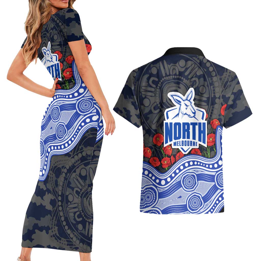 North Melbourne Kangaroos ANZAC Day Couples Matching Short Sleeve Bodycon Dress and Hawaiian Shirt Indigenous Dot Art with Poppy Flower Tribute