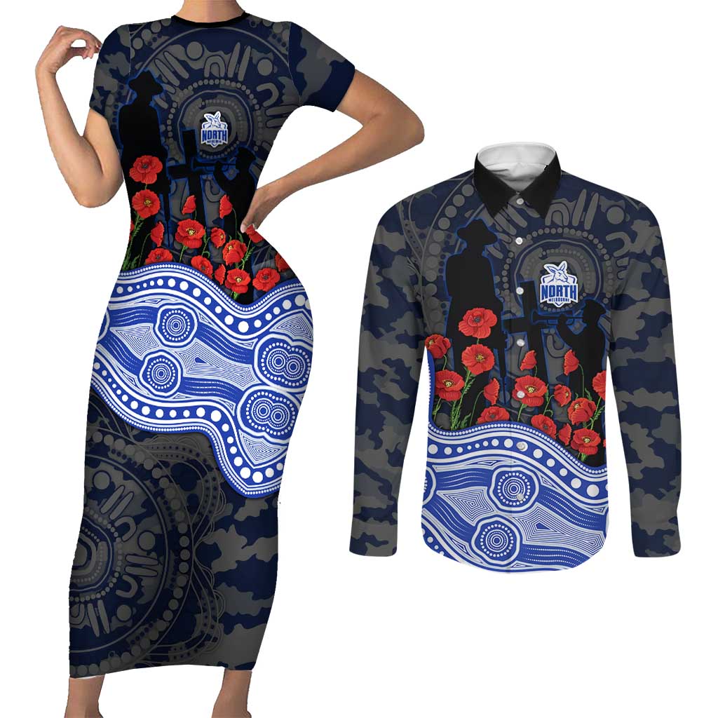 North Melbourne Kangaroos ANZAC Day Couples Matching Short Sleeve Bodycon Dress and Long Sleeve Button Shirt Indigenous Dot Art with Poppy Flower Tribute