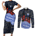 North Melbourne Kangaroos ANZAC Day Couples Matching Short Sleeve Bodycon Dress and Long Sleeve Button Shirt Indigenous Dot Art with Poppy Flower Tribute