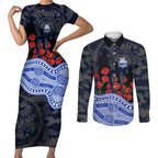 North Melbourne Kangaroos ANZAC Day Couples Matching Short Sleeve Bodycon Dress and Long Sleeve Button Shirt Indigenous Dot Art with Poppy Flower Tribute