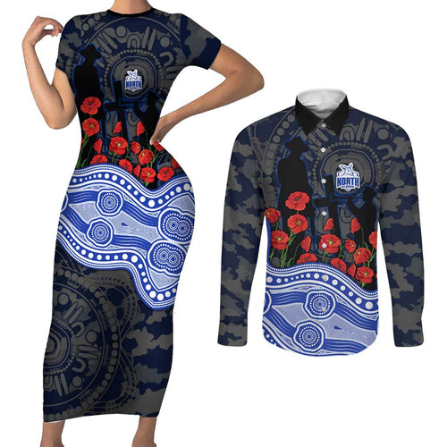 North Melbourne Kangaroos ANZAC Day Couples Matching Short Sleeve Bodycon Dress and Long Sleeve Button Shirt Indigenous Dot Art with Poppy Flower Tribute