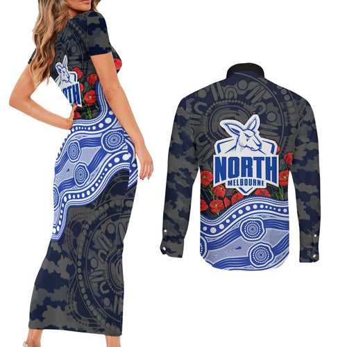 North Melbourne Kangaroos ANZAC Day Couples Matching Short Sleeve Bodycon Dress and Long Sleeve Button Shirt Indigenous Dot Art with Poppy Flower Tribute