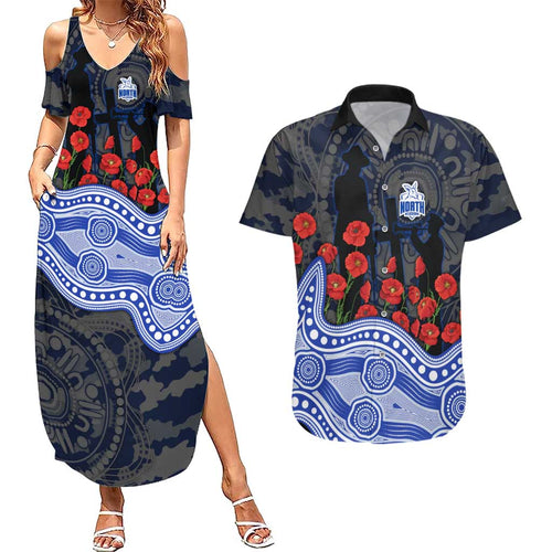 North Melbourne Kangaroos ANZAC Day Couples Matching Summer Maxi Dress and Hawaiian Shirt Indigenous Dot Art with Poppy Flower Tribute