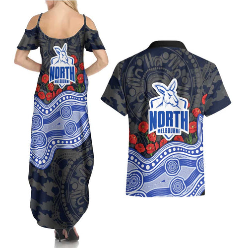 North Melbourne Kangaroos ANZAC Day Couples Matching Summer Maxi Dress and Hawaiian Shirt Indigenous Dot Art with Poppy Flower Tribute