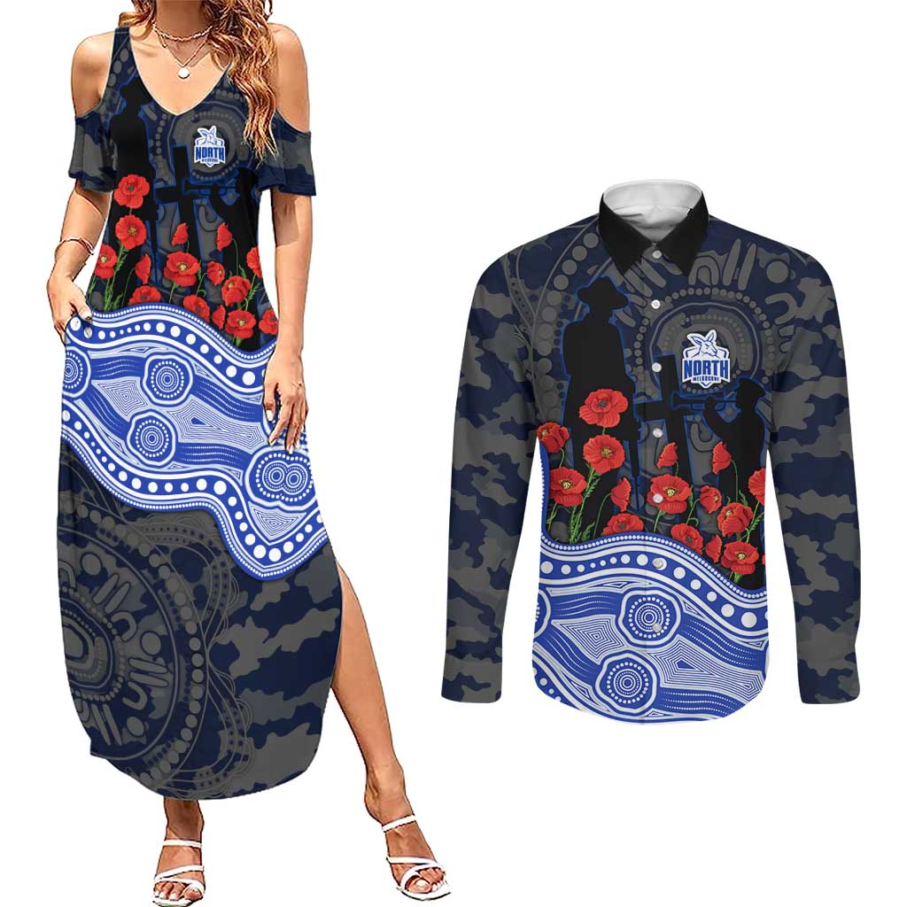 North Melbourne Kangaroos ANZAC Day Couples Matching Summer Maxi Dress and Long Sleeve Button Shirt Indigenous Dot Art with Poppy Flower Tribute