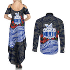 North Melbourne Kangaroos ANZAC Day Couples Matching Summer Maxi Dress and Long Sleeve Button Shirt Indigenous Dot Art with Poppy Flower Tribute