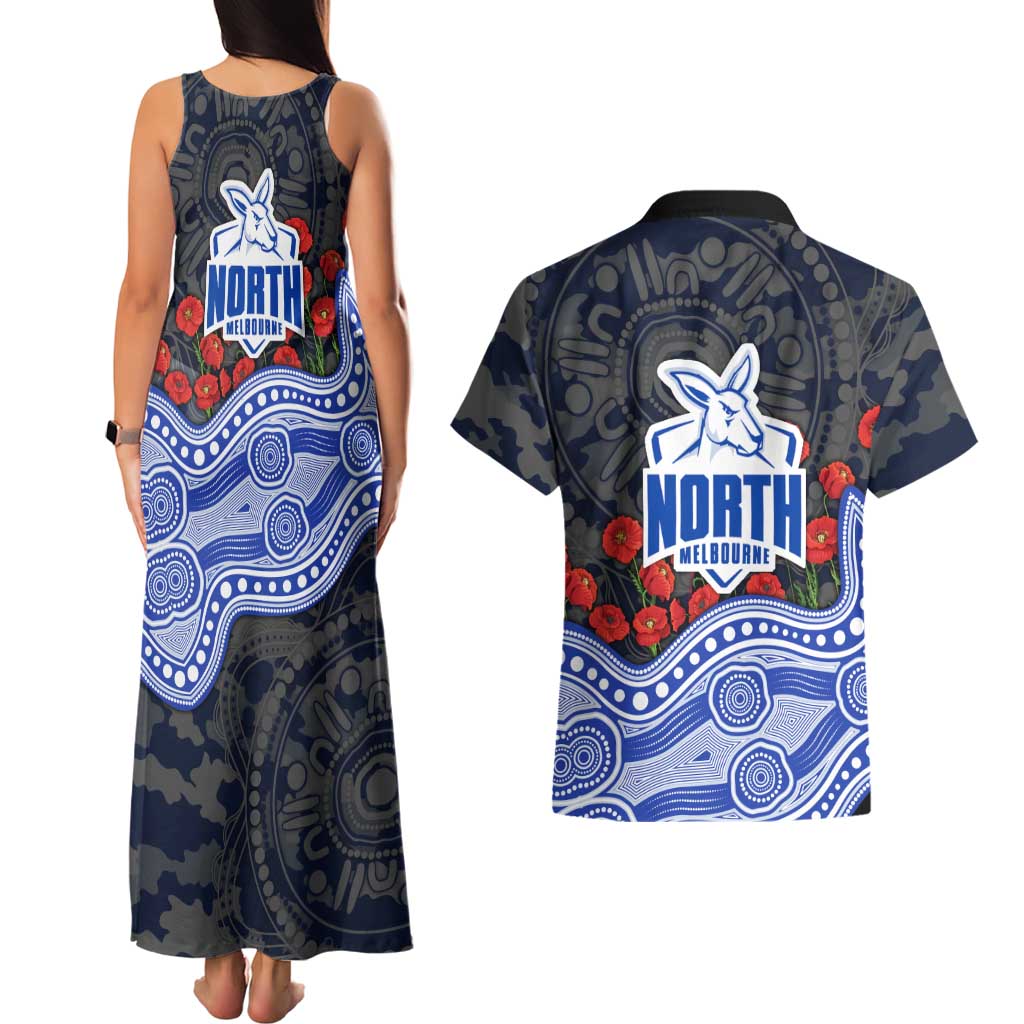 North Melbourne Kangaroos ANZAC Day Couples Matching Tank Maxi Dress and Hawaiian Shirt Indigenous Dot Art with Poppy Flower Tribute