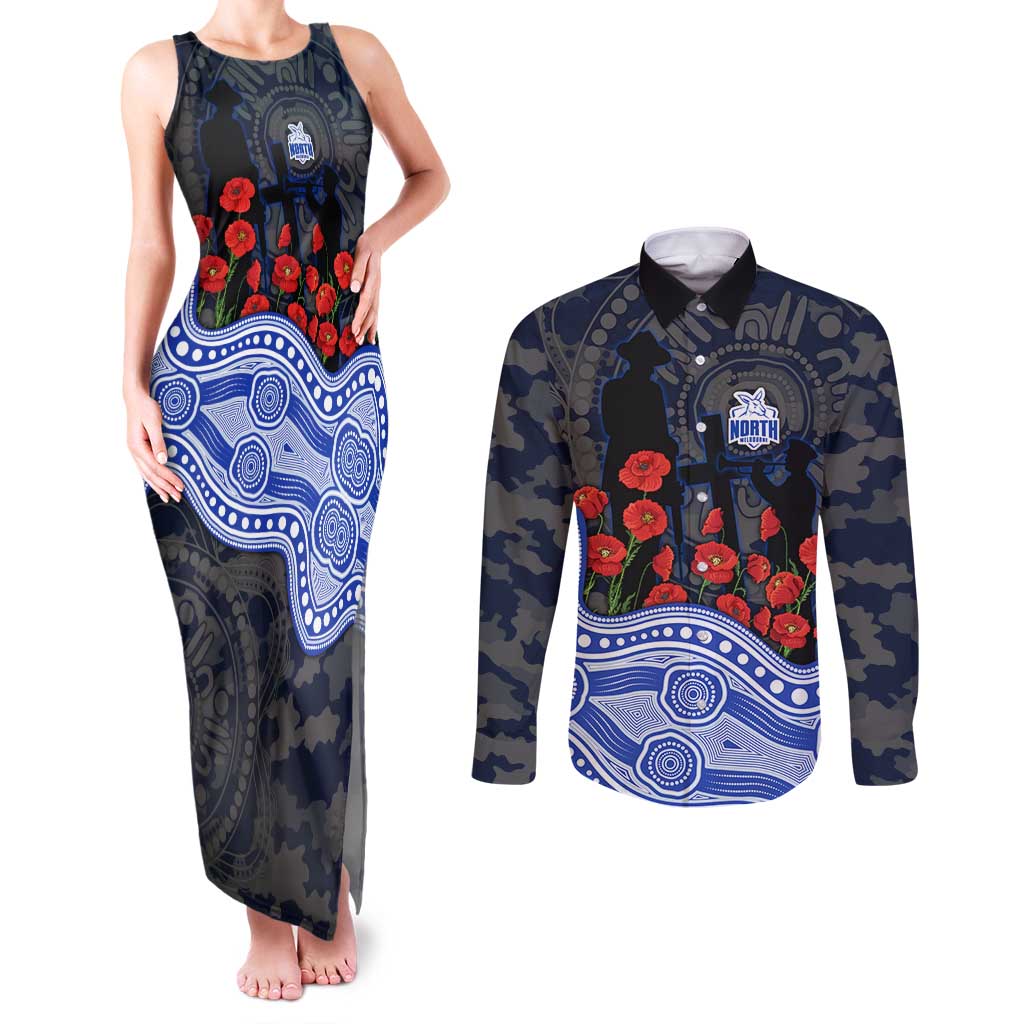 North Melbourne Kangaroos ANZAC Day Couples Matching Tank Maxi Dress and Long Sleeve Button Shirt Indigenous Dot Art with Poppy Flower Tribute