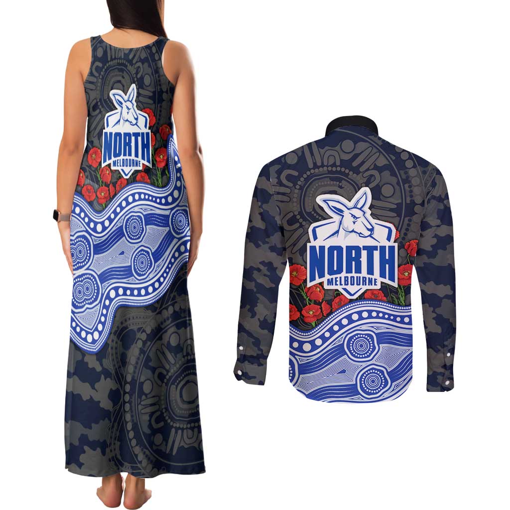 North Melbourne Kangaroos ANZAC Day Couples Matching Tank Maxi Dress and Long Sleeve Button Shirt Indigenous Dot Art with Poppy Flower Tribute