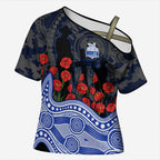 North Melbourne Kangaroos ANZAC Day Cross Shoulder Shirt Indigenous Dot Art with Poppy Flower Tribute