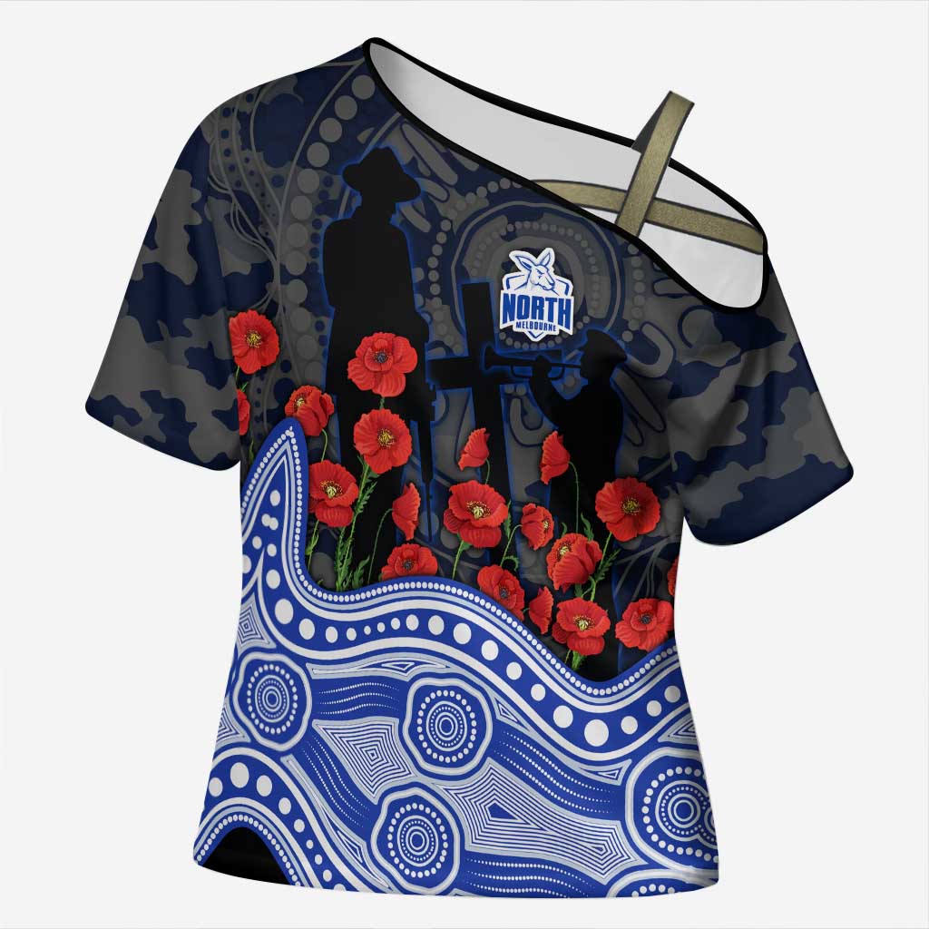 North Melbourne Kangaroos ANZAC Day Cross Shoulder Shirt Indigenous Dot Art with Poppy Flower Tribute