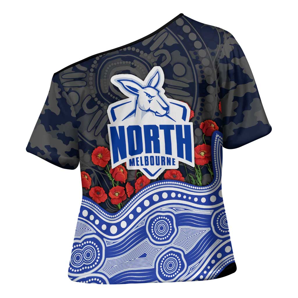 North Melbourne Kangaroos ANZAC Day Cross Shoulder Shirt Indigenous Dot Art with Poppy Flower Tribute