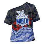 North Melbourne Kangaroos ANZAC Day Cross Shoulder Shirt Indigenous Dot Art with Poppy Flower Tribute