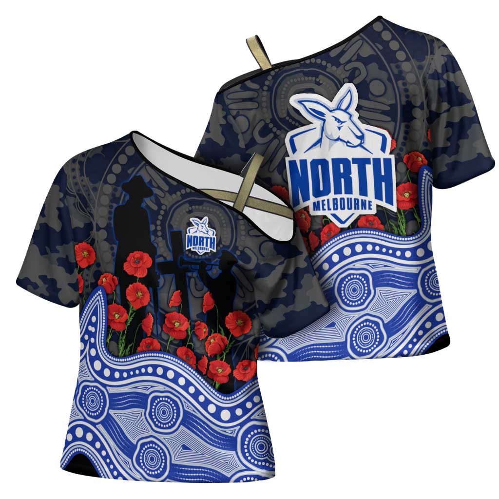North Melbourne Kangaroos ANZAC Day Cross Shoulder Shirt Indigenous Dot Art with Poppy Flower Tribute