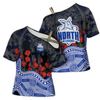 North Melbourne Kangaroos ANZAC Day Cross Shoulder Shirt Indigenous Dot Art with Poppy Flower Tribute