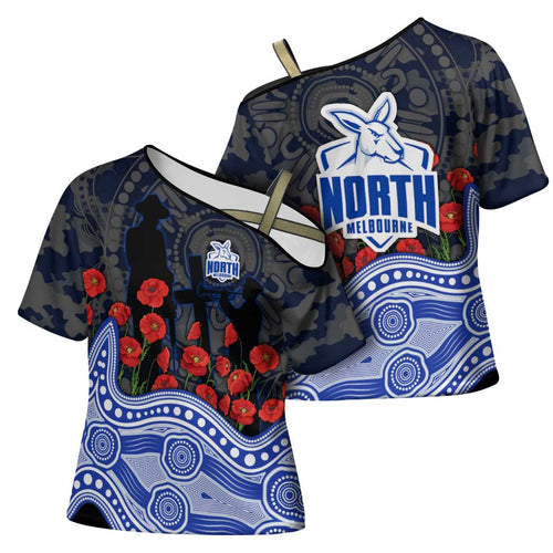 North Melbourne Kangaroos ANZAC Day Cross Shoulder Shirt Indigenous Dot Art with Poppy Flower Tribute