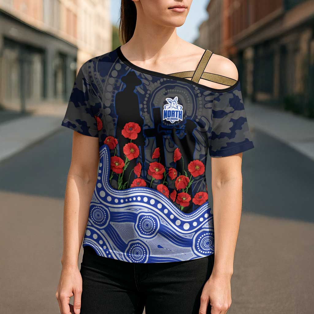 North Melbourne Kangaroos ANZAC Day Cross Shoulder Shirt Indigenous Dot Art with Poppy Flower Tribute