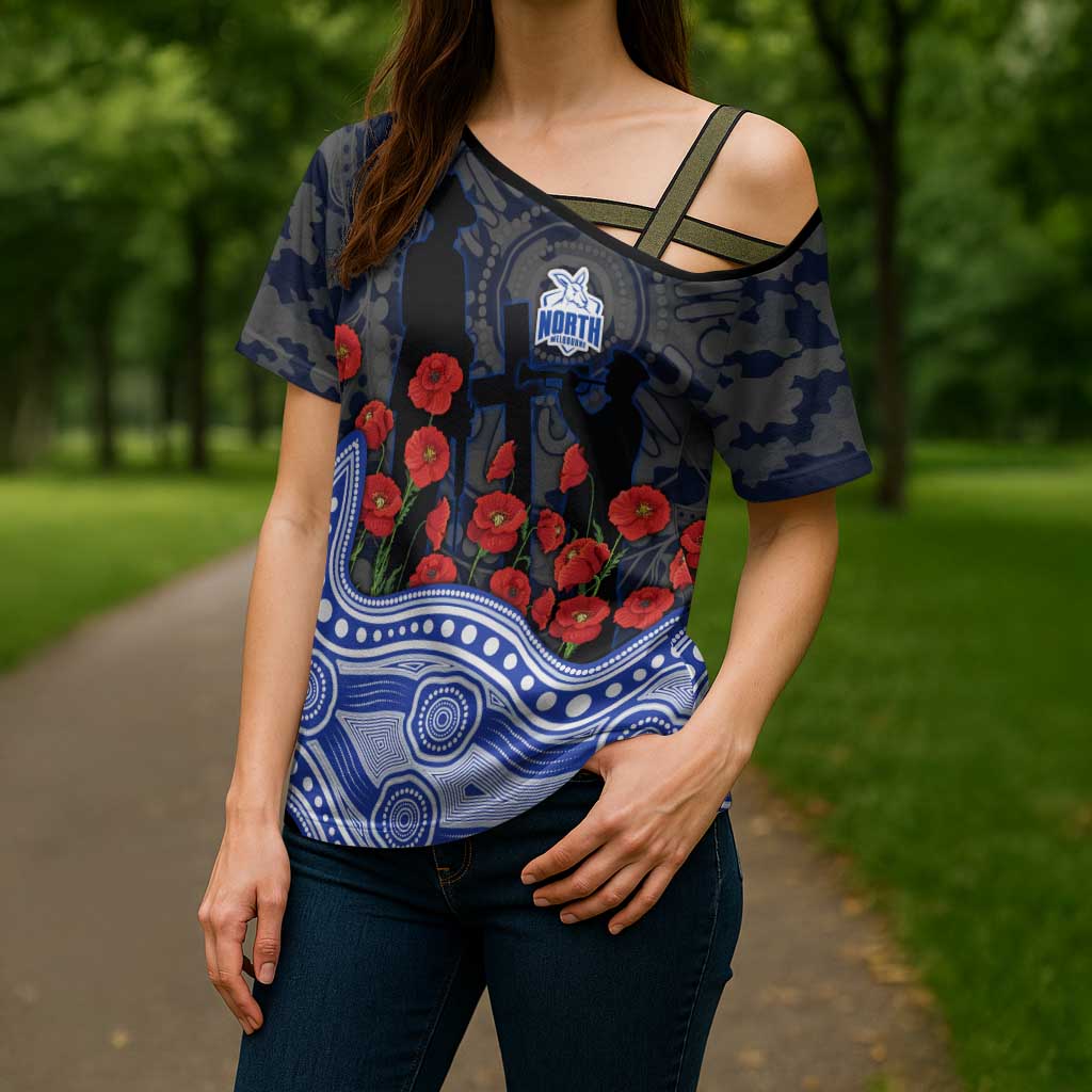 North Melbourne Kangaroos ANZAC Day Cross Shoulder Shirt Indigenous Dot Art with Poppy Flower Tribute