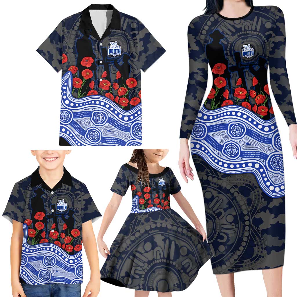 North Melbourne Kangaroos ANZAC Day Family Matching Long Sleeve Bodycon Dress and Hawaiian Shirt Indigenous Dot Art with Poppy Flower Tribute