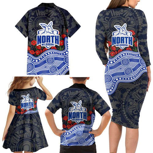 North Melbourne Kangaroos ANZAC Day Family Matching Long Sleeve Bodycon Dress and Hawaiian Shirt Indigenous Dot Art with Poppy Flower Tribute