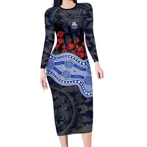North Melbourne Kangaroos ANZAC Day Family Matching Long Sleeve Bodycon Dress and Hawaiian Shirt Indigenous Dot Art with Poppy Flower Tribute